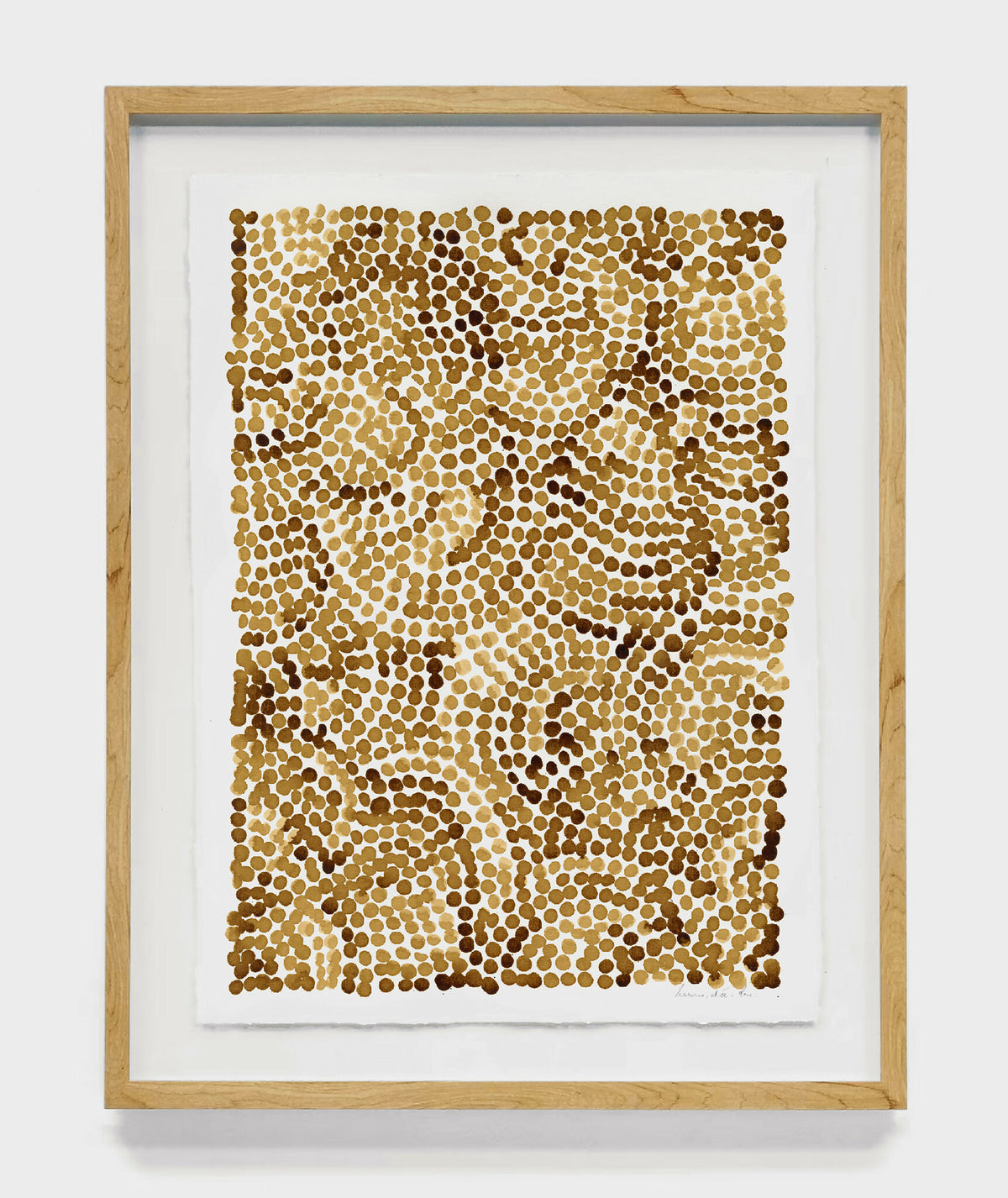 Peinture abstraite encadrée, motif de points café sur papier coton, grand format.