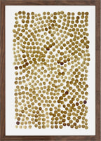 Peinture café abstraite en cadre bois, motif de points bruns sur papier clair
