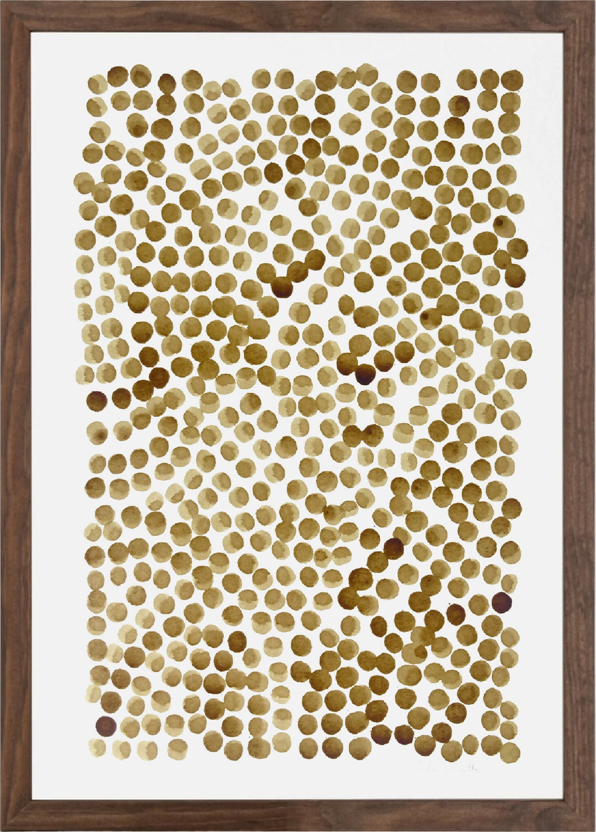 Peinture café abstraite en cadre bois, motif de points bruns sur papier clair