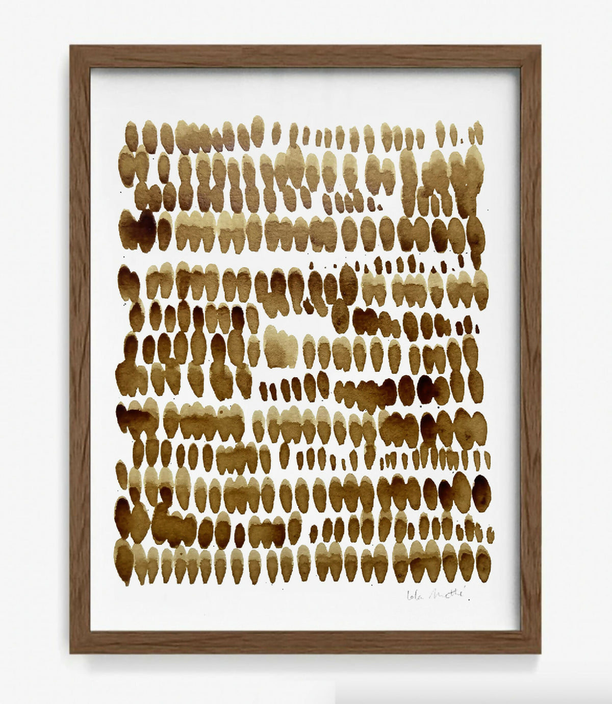 Tableau encadré peinture café sur papier coton, motifs abstraits et signature en bas