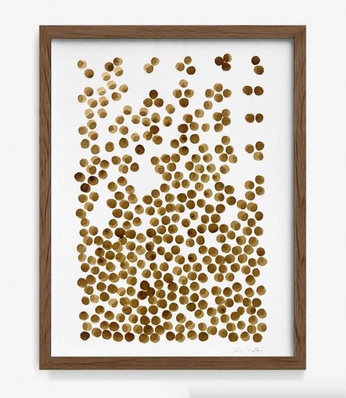 Peinture café encadrée sur papier coton, nuage de points bruns et clairs sur fond.