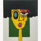 Peinture encadrée : portrait abstrait jaune avec œil bleu, cheveux noirs et traits roses.