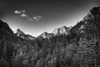 Photographie du massif du Vignemale : montagnes et forêt sombre, vue panoramique.