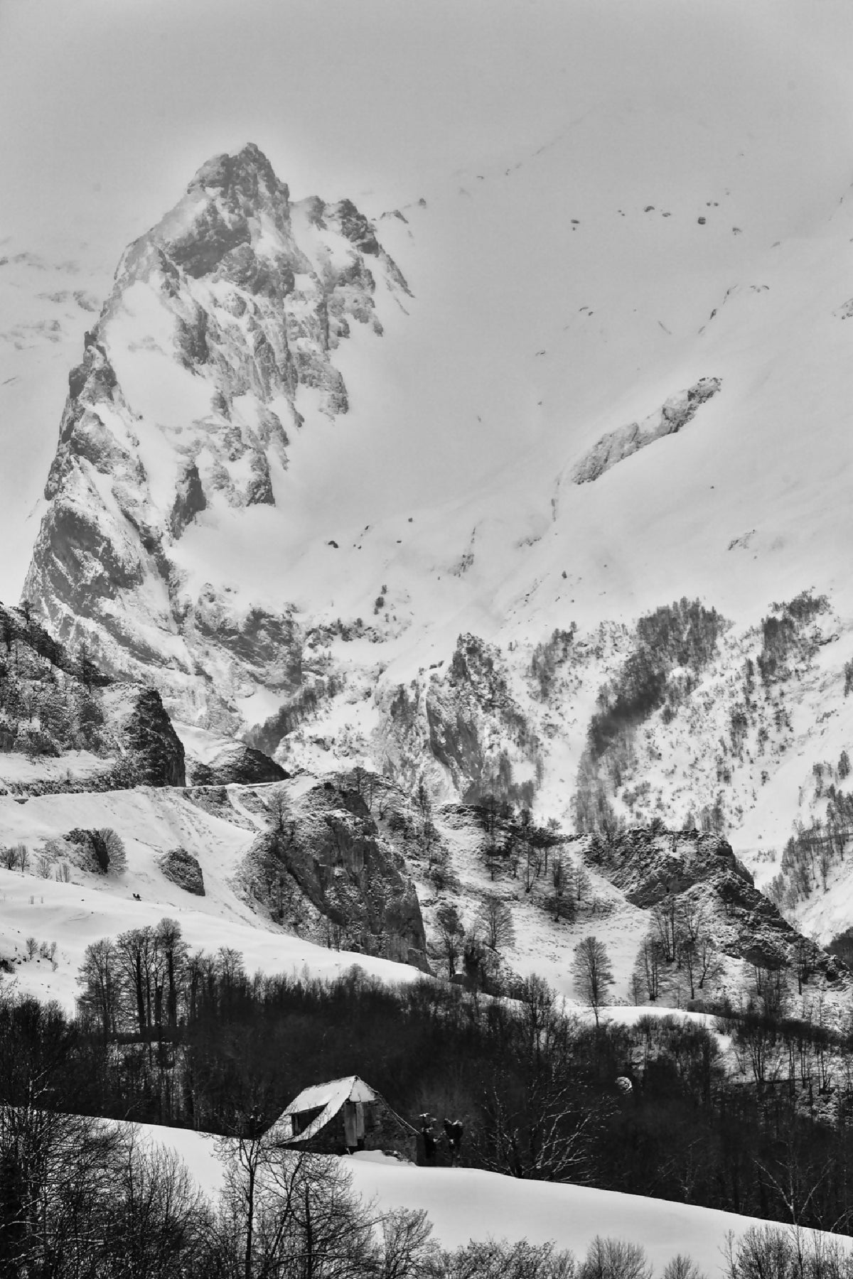 Photographie noir et blanc de montagnes enneigées, vallée avec maison sous la neige