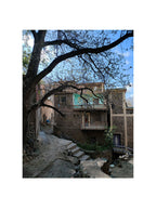 Tirage photo vertical : ruelle en pierre sous un ciel bleu, arbre aux branches.