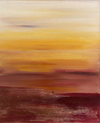 Tableau abstrait coucher de soleil en gros plan, coups de pinceau orange et bordeaux.