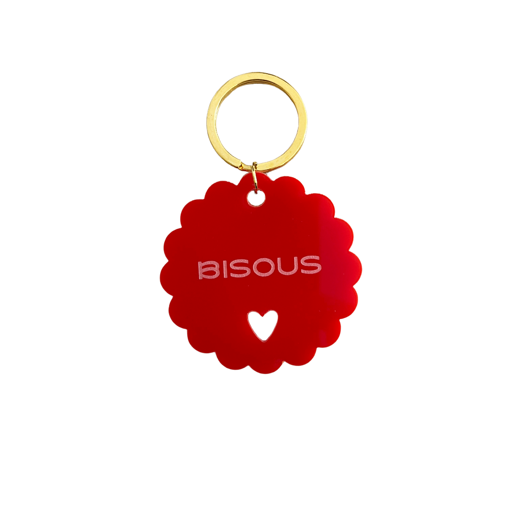 Porte-clés fleur rouge BISOUS, anneau doré et petit cœur en relief