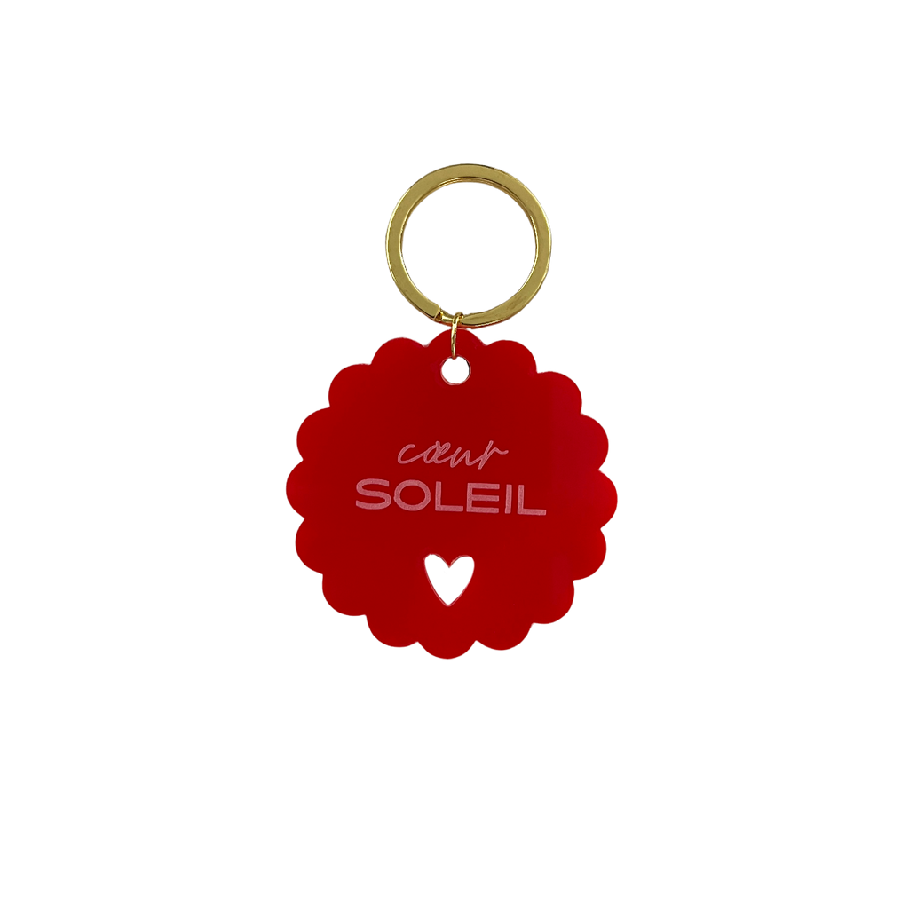 Porte-clés rouge en forme de soleil, anneau doré, inscription « cœur SOLEIL »