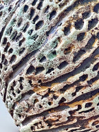 Gros plan sur pot en grès sculpté, surface texturée bleu-vert et sombre