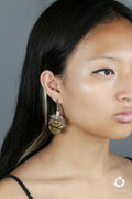 Boucles d’oreilles plumes de paon vertes et bleues, acier argenté, portées de profil.