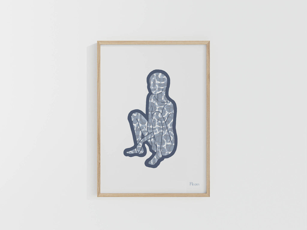 Tirage d’art A4 encadré, silhouette abstraite bleue sur fond clair