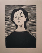 Affiche encadrée portrait de femme noir et crème, lignes gravées horizontales