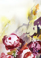 Aquarelle de roses pourpre et rouges avec rehauts jaunes et beige, feuillage en arrière-plan.