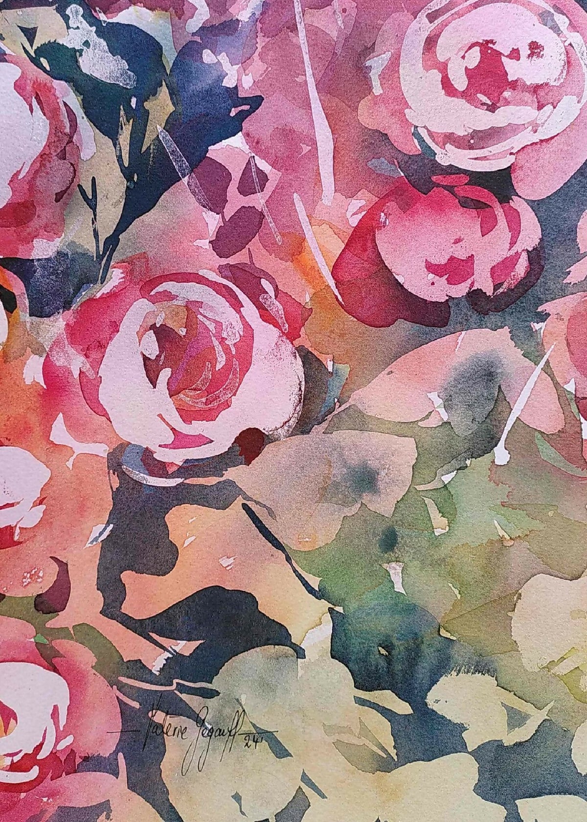 Gros plan de roses roses et rouges, feuillage vert bleuté, fond aquarellé clair.