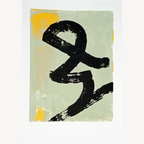 Sérigraphie originale « Scribouilli #01 » : fond vert clair, signe noir à l’encre, touches jaunes.
