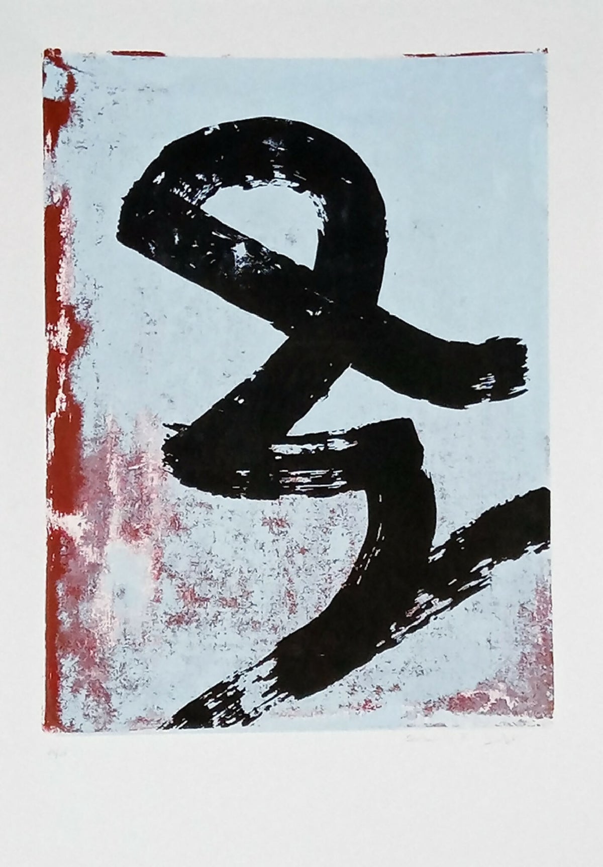 Sérigraphie originale « Scribouilli #01 » : fond bleu clair, traces rouges, signe noir à l’encre.