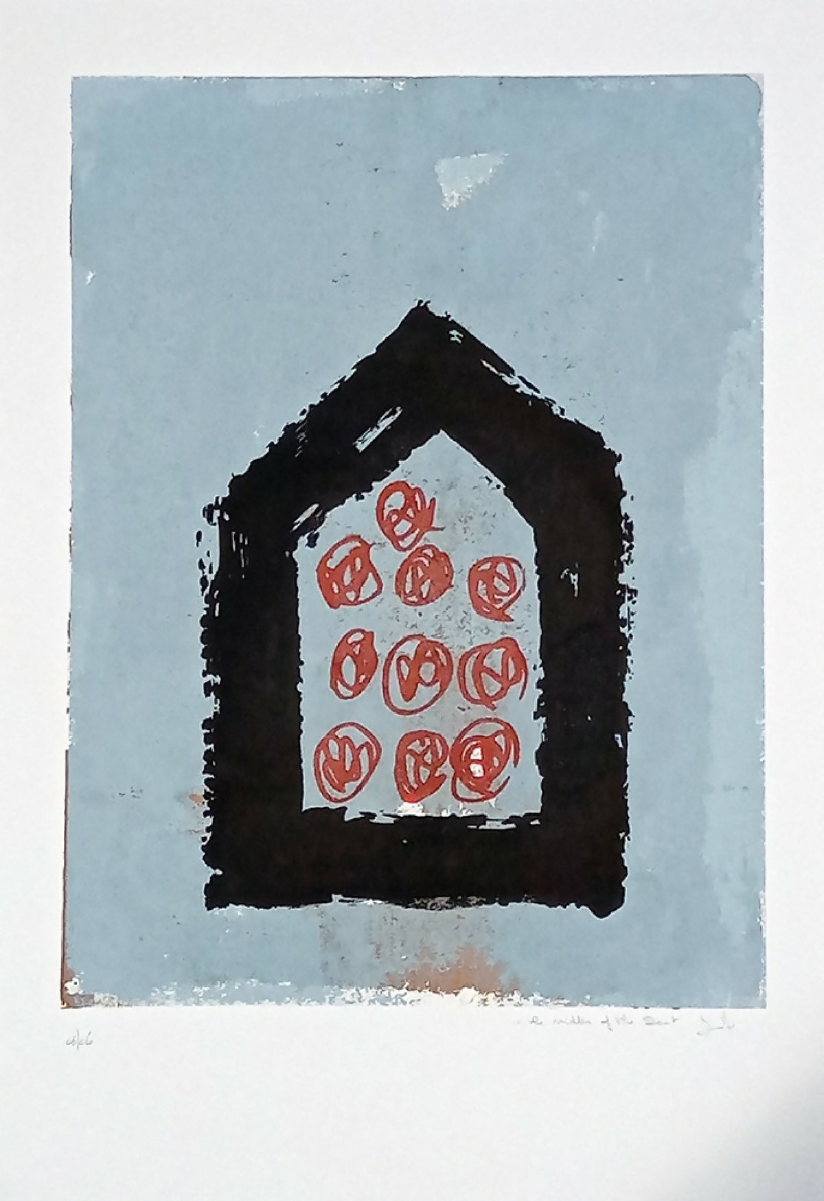 Sérigraphie originale représentant une maison noire et des motifs rouges sur fond bleu