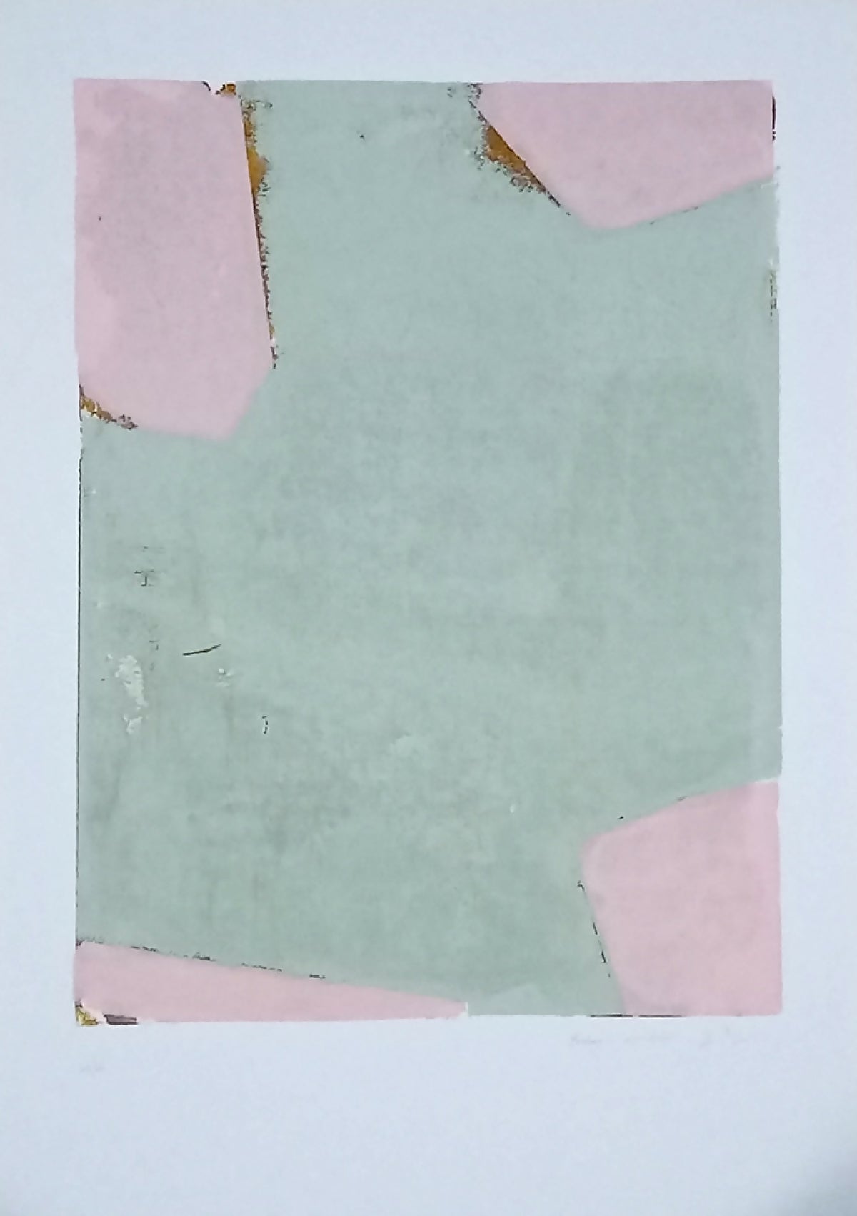 Sérigraphie originale motif fenêtre brisée vert d’eau, aplats rose aux coins