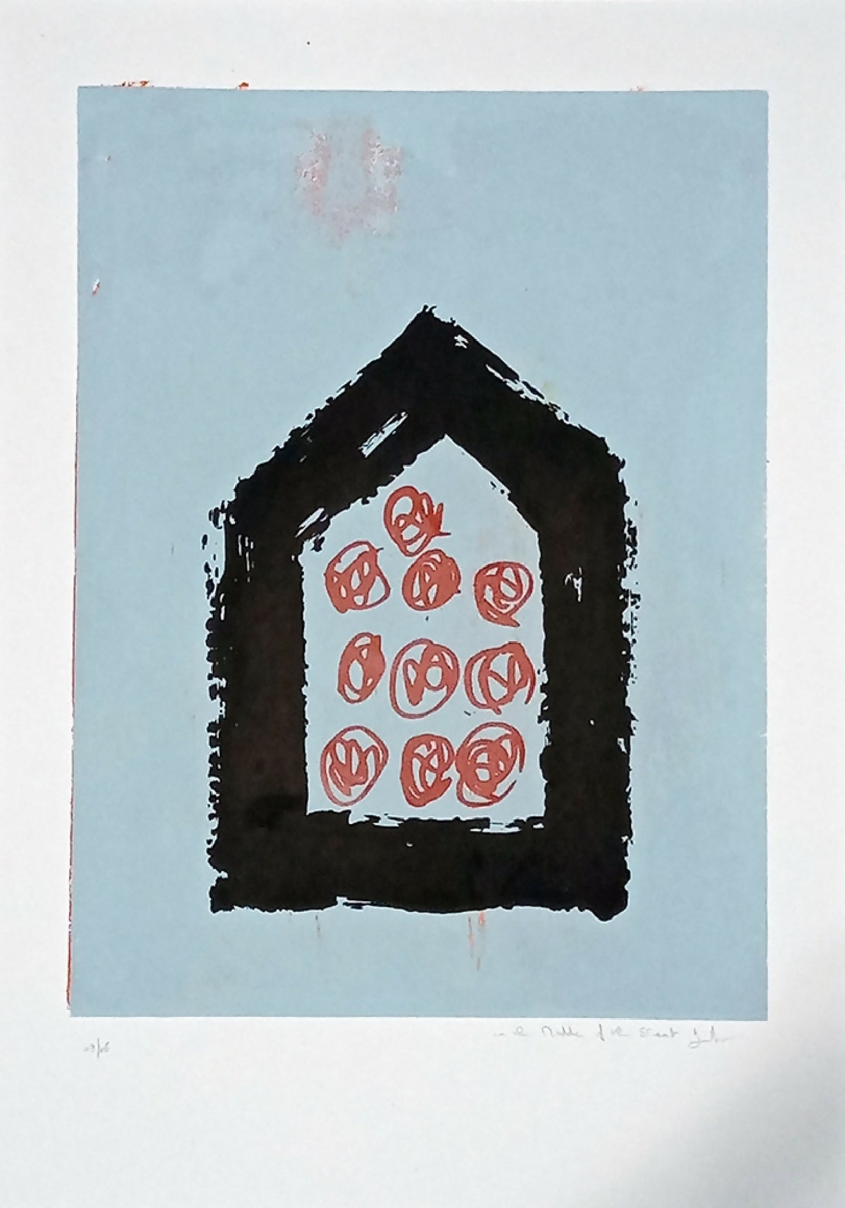 Sérigraphie originale : silhouette de maison noire, motifs rouges, fond bleu clair