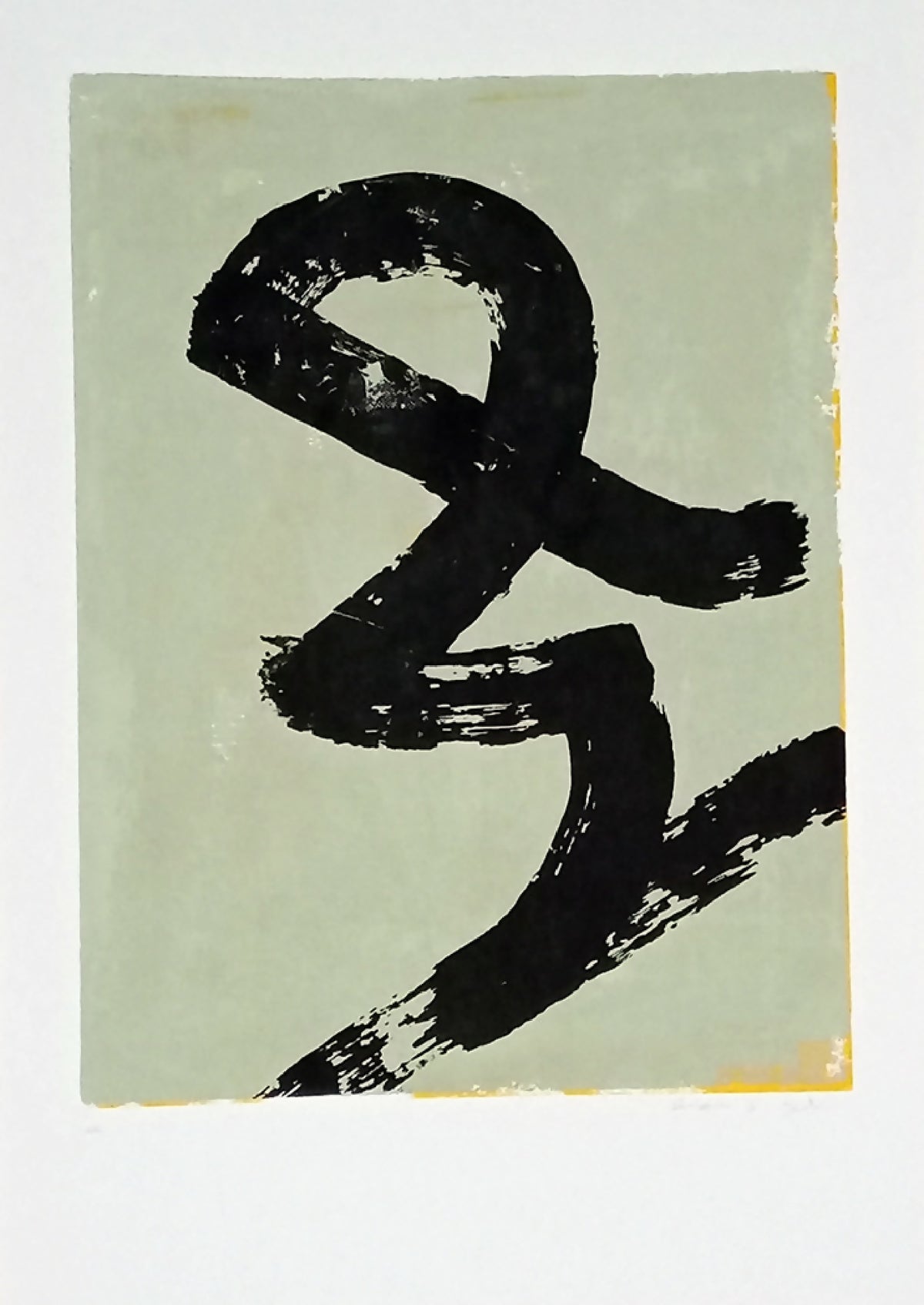 Sérigraphie originale « Scribouilli #01 » : fond vert clair, rehauts jaunes, grand signe noir.