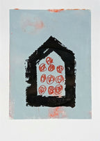 Sérigraphie originale avec maison noire et motifs rouges sur fond bleu, bords avec traces