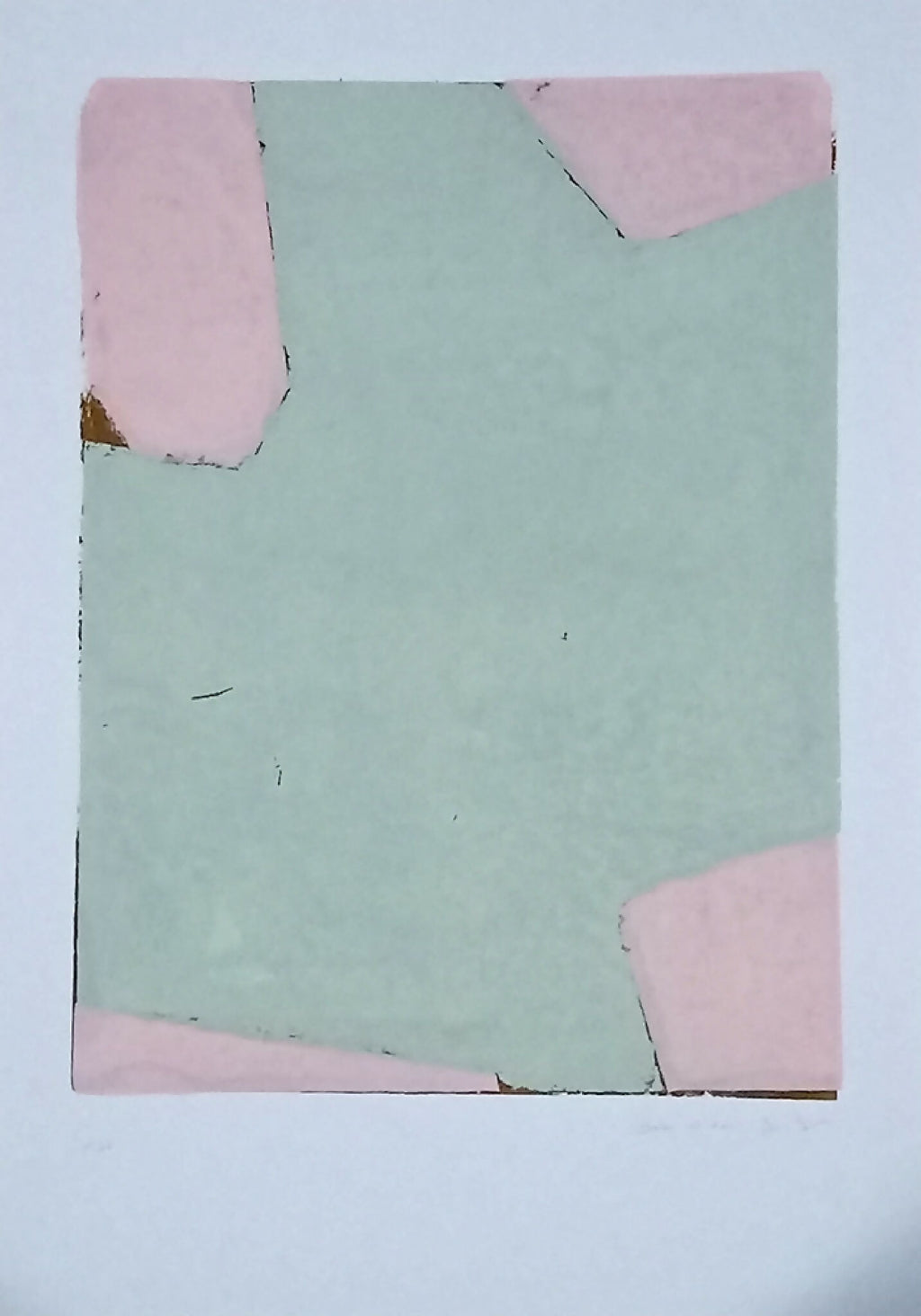 Sérigraphie originale fenêtre brisée vert d’eau, aplats rose, surface texturée