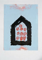 Sérigraphie originale : maison noire et motifs rouges sur fond bleu ciel, impression contrastée