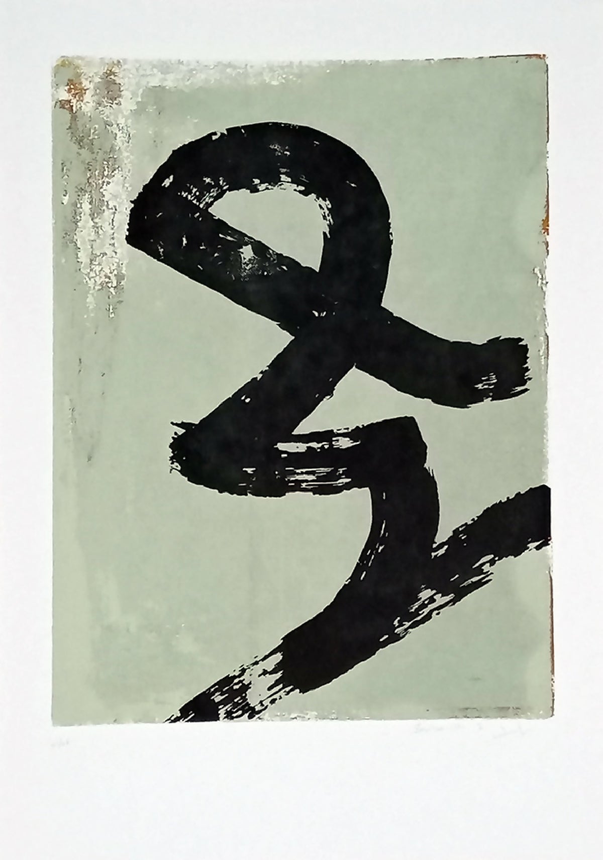 Sérigraphie originale « Scribouilli #01 » : fond vert clair, frottis blanc-ocre, signe noir à l’encre.