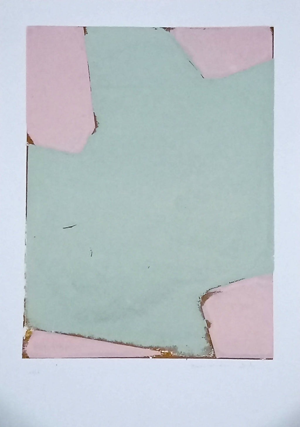 Sérigraphie originale fenêtre brisée vert d’eau, coins rose et éclats dorés
