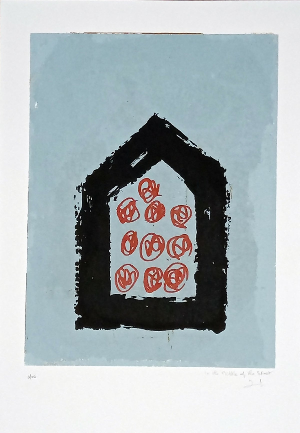 Sérigraphie originale montrant une maison noire, motifs rouges sur fond bleu clair