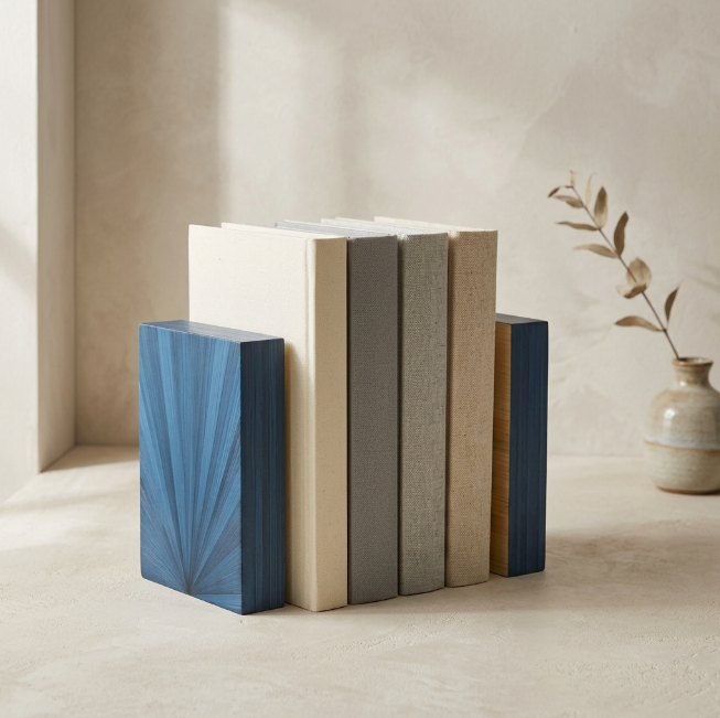Duo de serre-livres en paille bleue, coloris sable et gris, motif en éventail