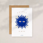Carte à message blanche au soleil bleu, texte « de ma vie », enveloppe kraft
