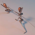 Deux statuettes d’escrimeuses en acier, une en extension haute, une en appui, têtes cuivre.