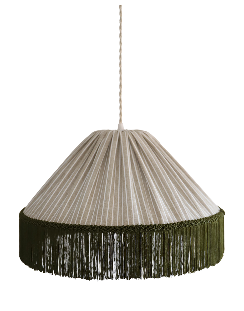 Suspension bohème à franges Bella en tissu rayé olive, faite main par Hautlalampe