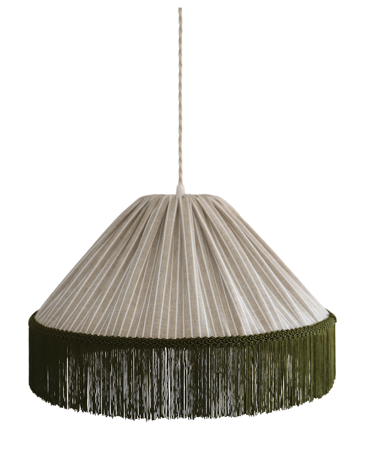 Suspension bohème à franges Bella en tissu rayé olive, faite main par Hautlalampe