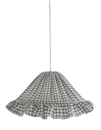 Suspension conique avec volant, abat-jour à petits carreaux vert en tissu.