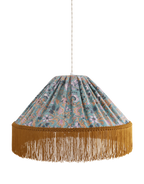 Suspension conique en tissu imprimé bleu-vert, franges dorées et abat-jour plissé