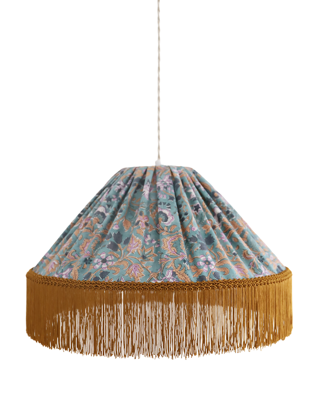 Suspension conique tissu bleu et motifs floraux, volant frangé doré, détail œillet