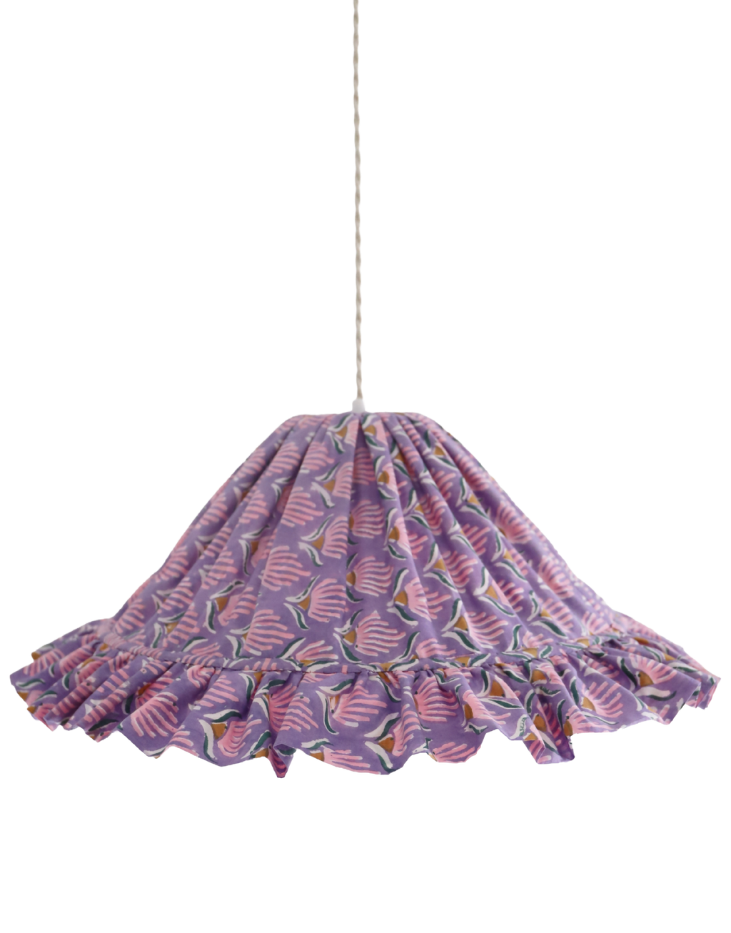 Suspension conique en tissu mauve à motif fleurs coquillage, fronces et câble suspendu