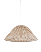 Suspension conique en tissu vichy beige clair, petits carreaux, diffuseur circulaire.