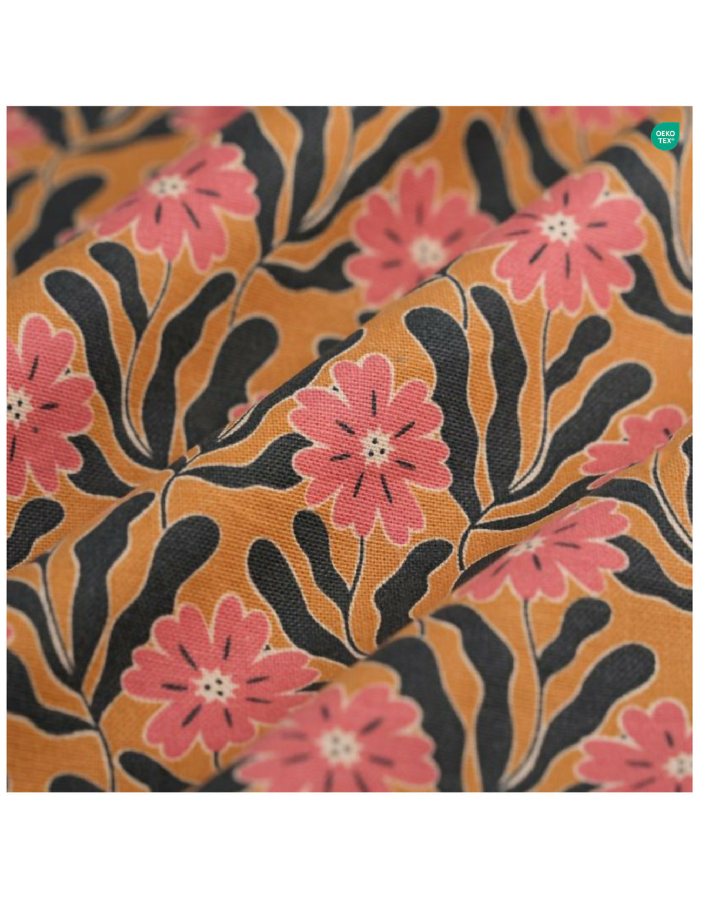 Tissu floral de l’abat-jour : fleurs roses sur fond sombre, motifs botaniques détaillés.