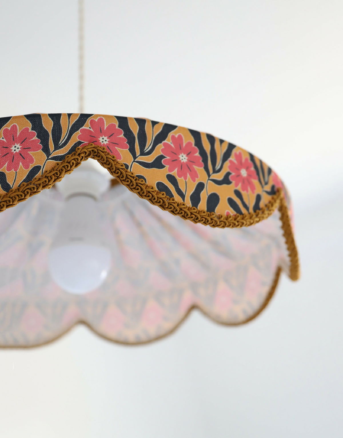 Détail de la bordure de l’abat-jour : tresse dorée et tissu floral à fleurs roses.