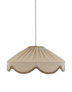 Suspension d’abat-jour en tissu beige à bords festonnés et liseré brun