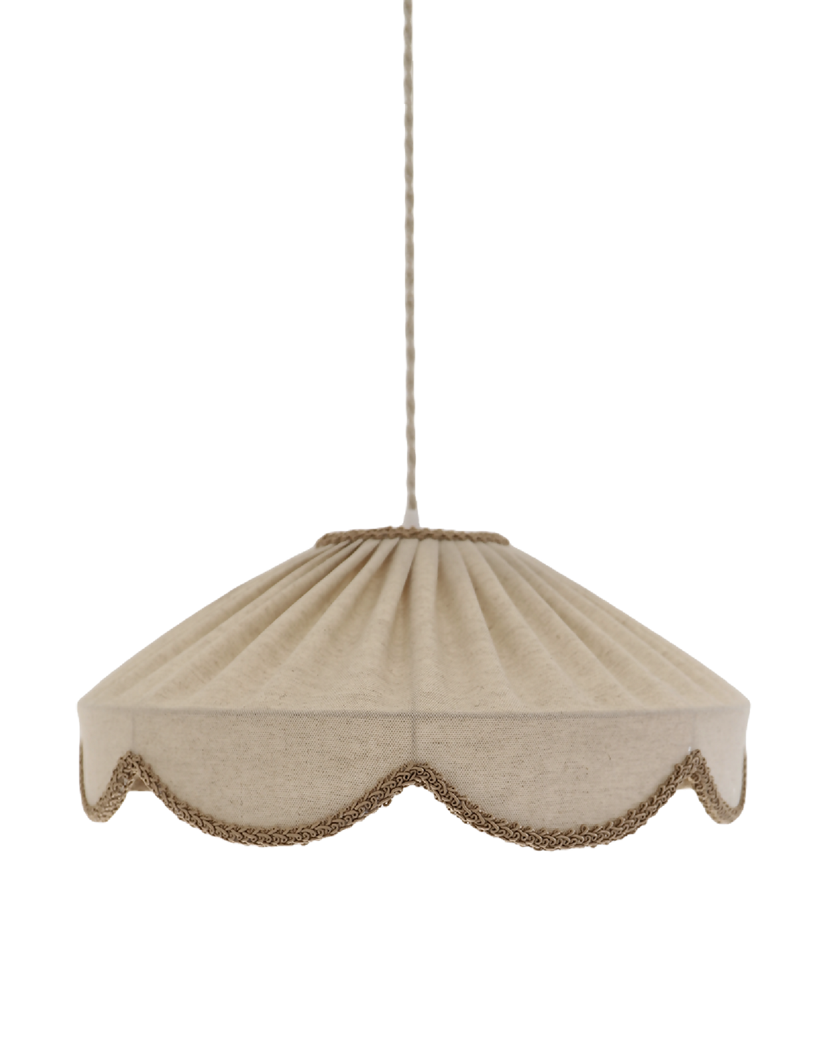 Suspension d’abat-jour en tissu beige à bords festonnés et liseré brun