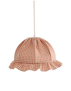 Suspension dôme en tissu à carreaux vichy orange et blanc, volant périphérique.