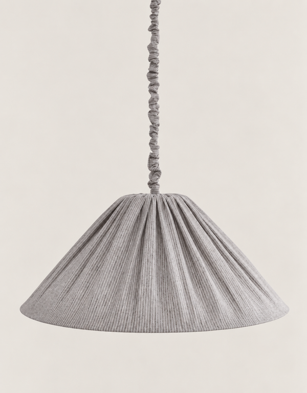 "Malala" pleated linen and cotton pendant lamp, fine stripes, Classic Grey
