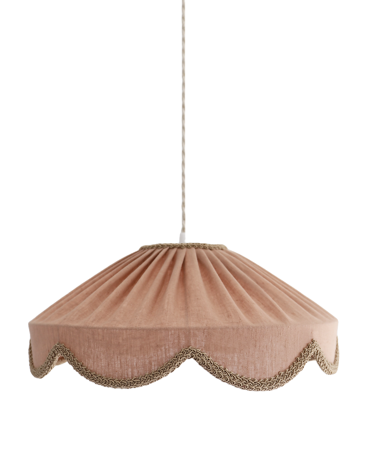 Abat-jour suspendu en lin uni beige rosé, bord festonné avec passepoil doré