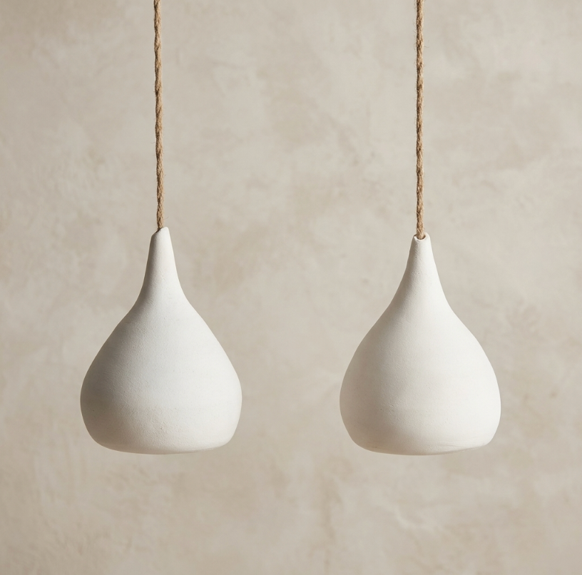 Suspension goutte en abat-jour blanc, forme poire, cordons en corde, 2 pièces