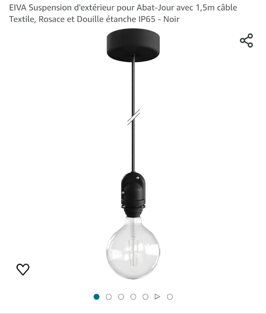 Suspension goutte en grès avec auvent noir et câble, douille et ampoule visible