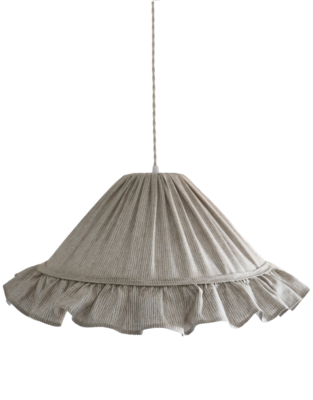 Suspension Emilia en tissu à fines rayures olive et blanches, volant plissé main, fabriquée en France par Hautlalampe